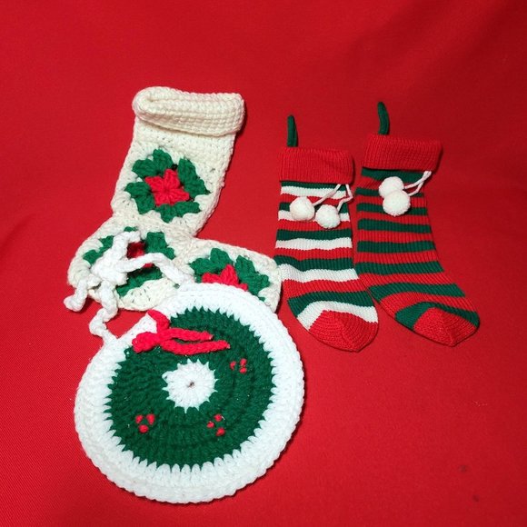 Christmas Stockings Ornament Knit Crochet Handmade Set of 4 - Picture 3 of 12